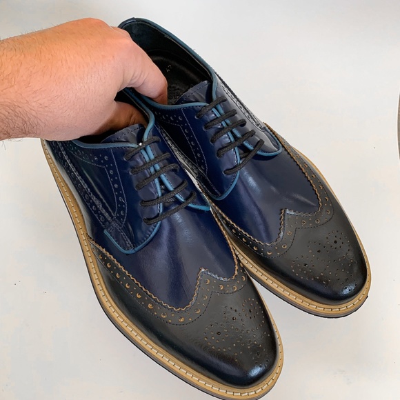 Navy Blue Wingtip Derby Leather Dress Shoe - Picture 5 of 7